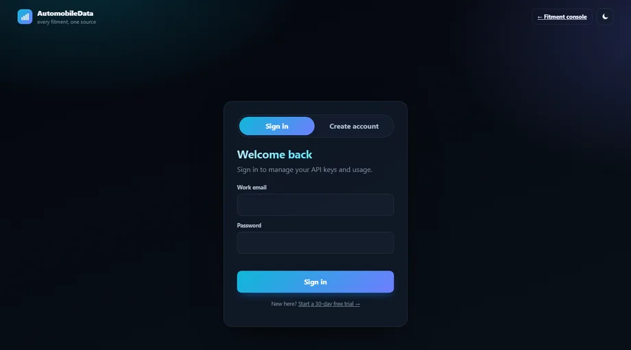 automobiledata.cloud — fitment console sign-in
