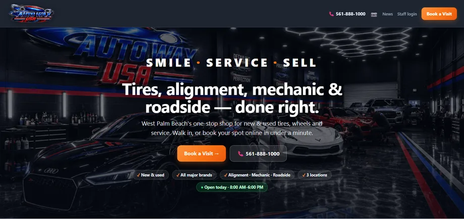 tonytires.store homepage — “Smile · Service · Sell”